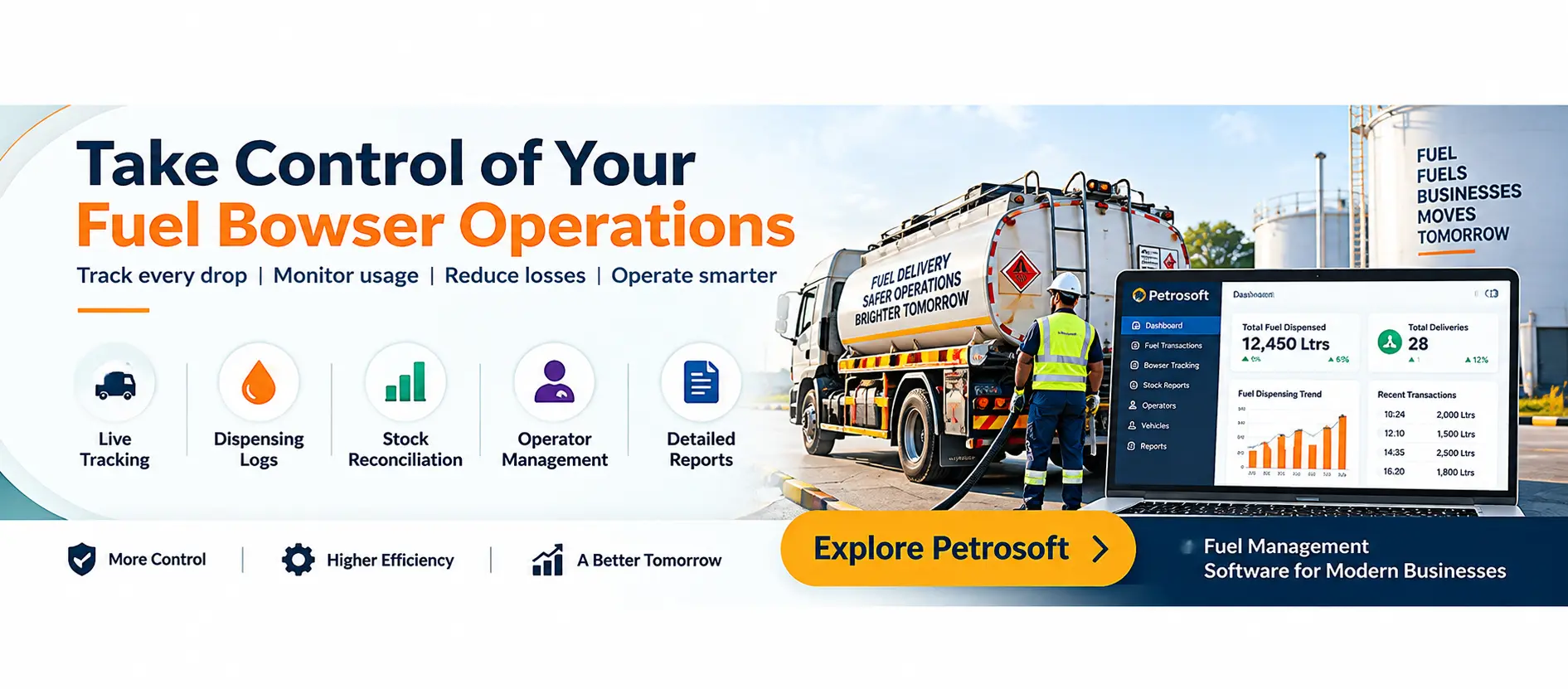 Fuel bowser activity tracking with dispensing logs, stock reconciliation and fuel management software